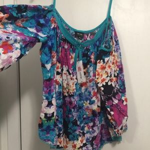 Nicole Nicole Miller Floral Aqua Green Trim Top XL